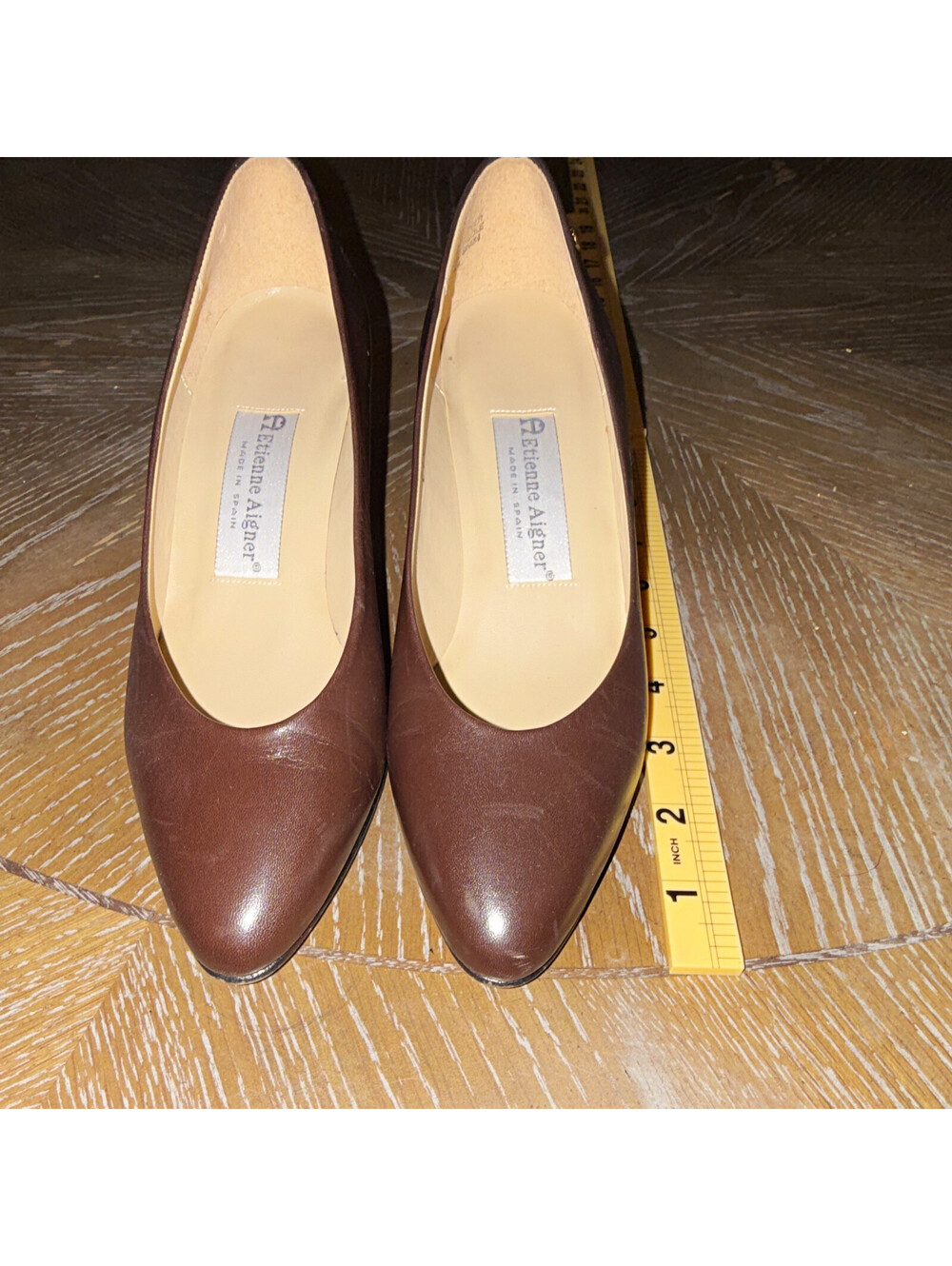 Etienne Aigner Brown Leather Pointed Toe Slip-On Pumps Logo Women's US 6 M